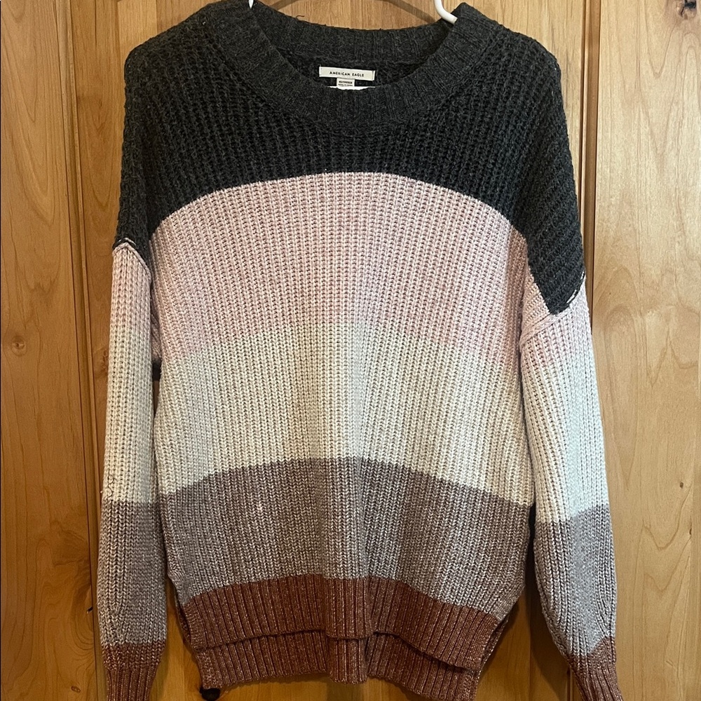 American Eagle Colorblock Crewneck Sweater - Charcoal, Pink, Cream, Brown